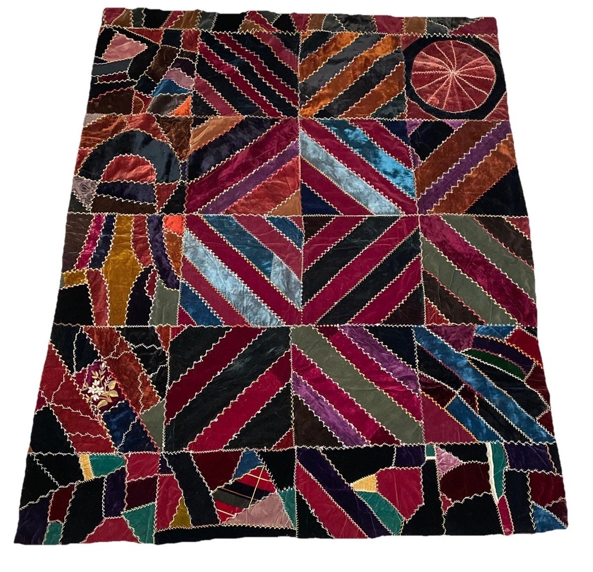 Antique Victorian Velvet Crazy  Patchwork Quilt Embroidery 61 X 74 Featherstitch