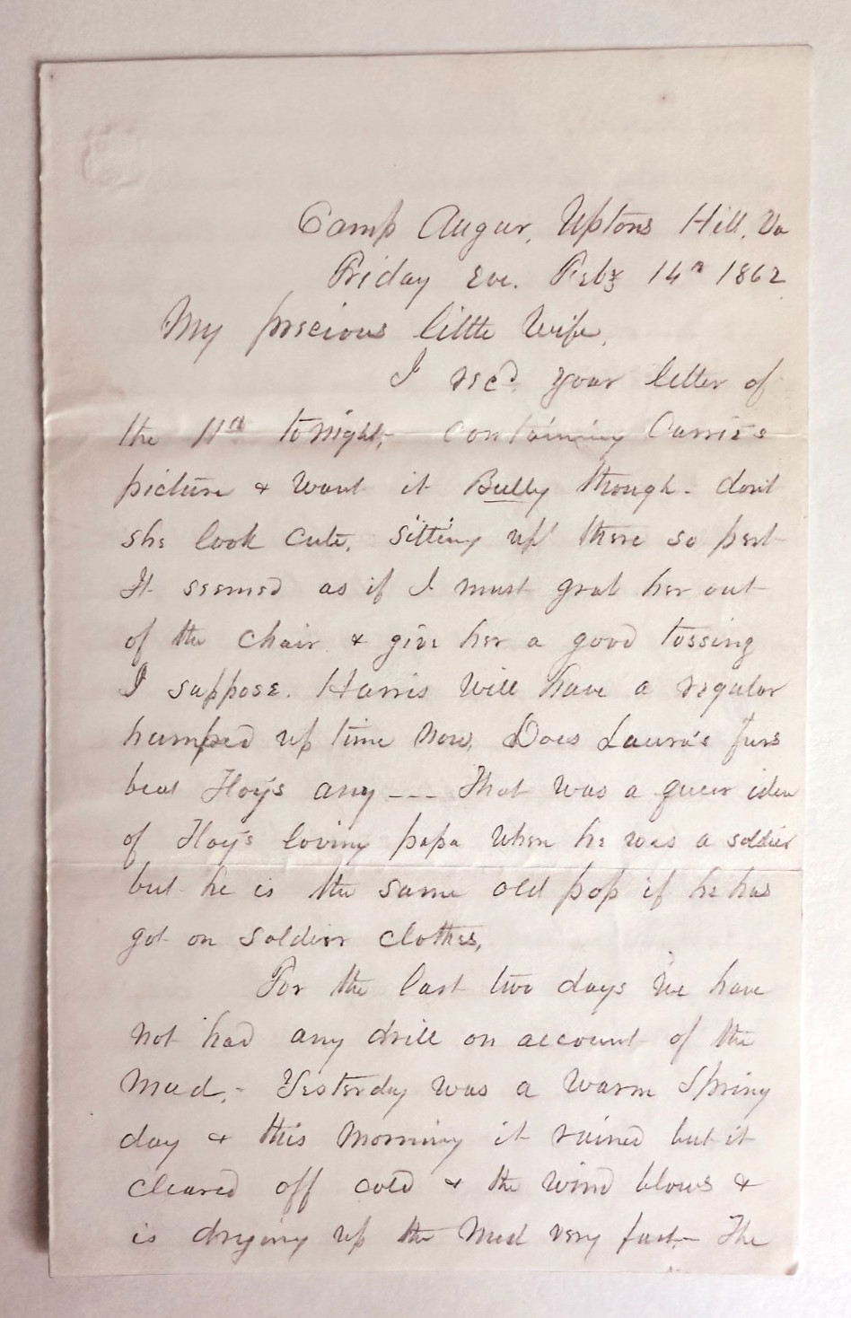 1862 Civil War letter Camp Auger at Upton Falls Virginia