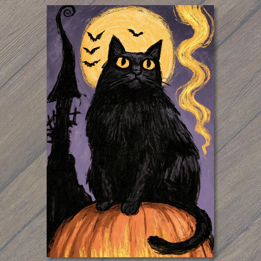 POSTCARD Black Cat Pumpkin Full Moon Bats Haunted Cottagecore Witchy Halloween POSTCARD Black Cat Pumpkin Full Moon Bats Haunted Cottagecore Witchy Halloween