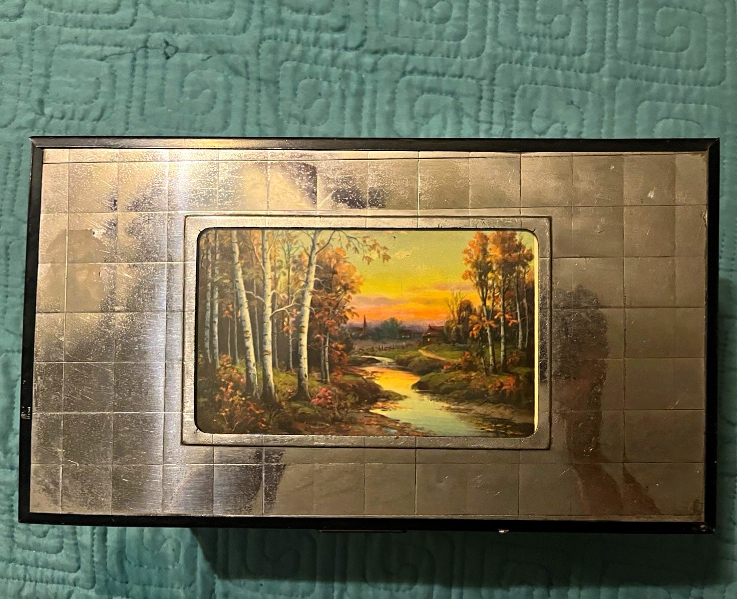 Vtg 1930s Art Deco Chromium Tiled Wood Cigar Box JM Stone Autumn Landscape Lock Vtg 1930s Art Deco Chromium Tiled Wood Cigar Box JM Stone Autumn Landscape Lock
