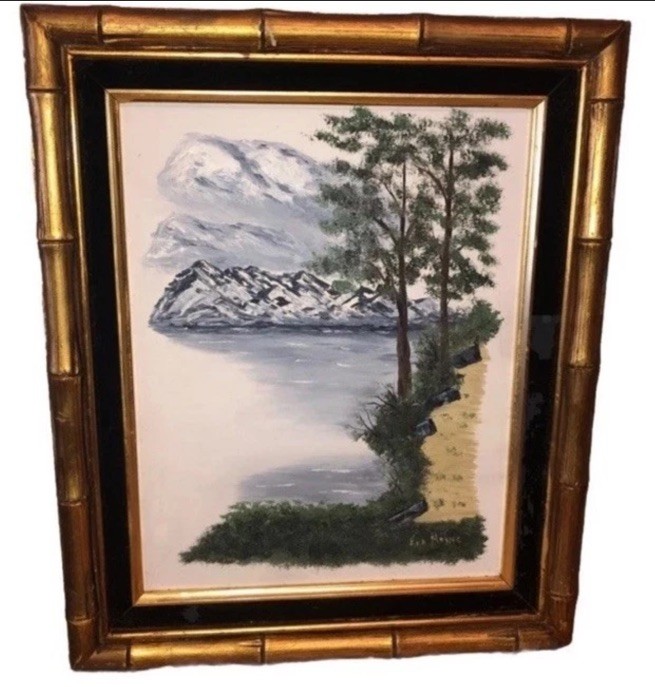 Vintage MCM 18” OIL PAINTING Signed 1960s Bamboo Shaped Frame Eva Meyers