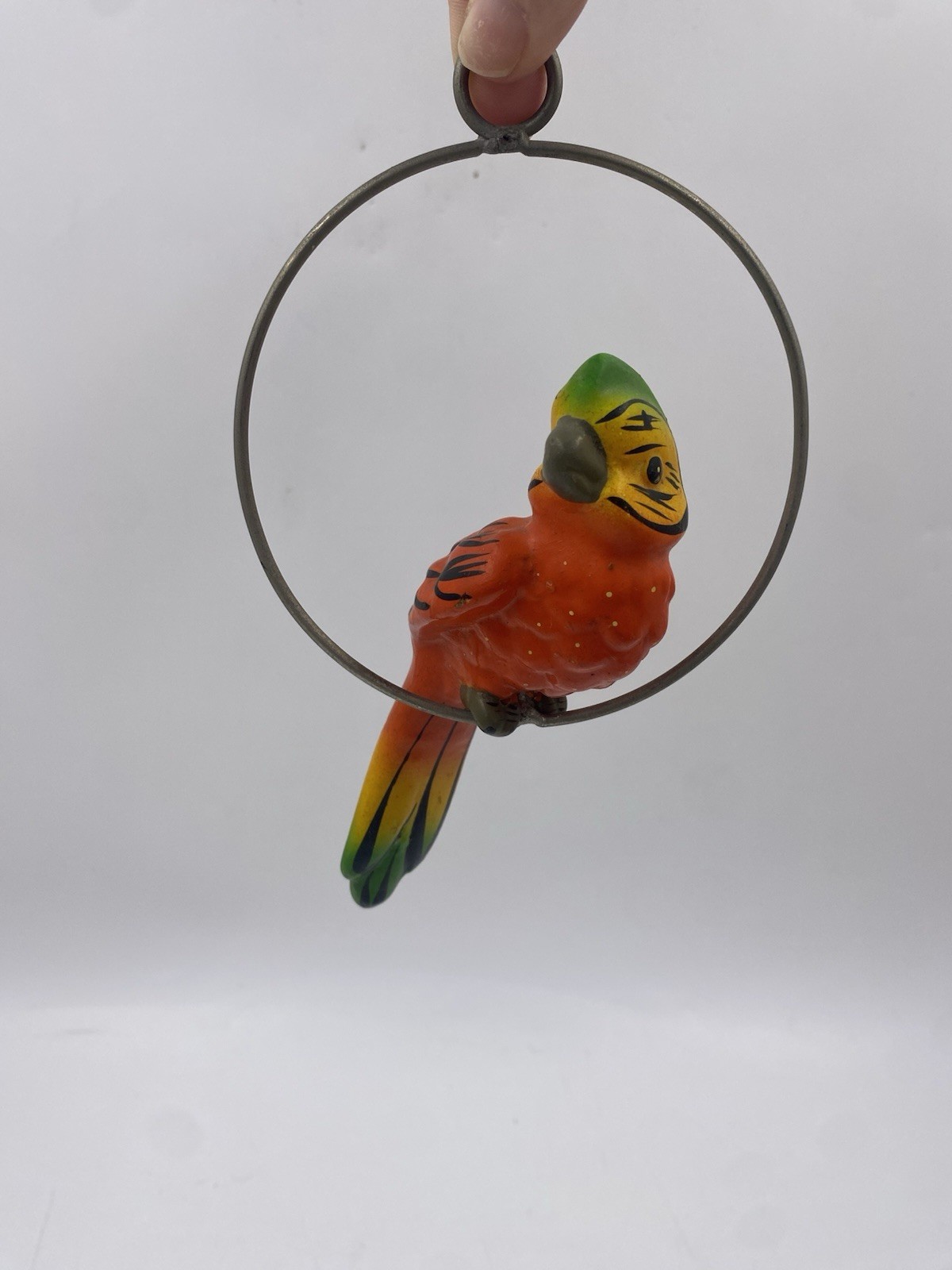 Vtg Hand Painted Ceramic Parrot Figurine Hanging On Metal Ring Folk Art Vtg Hand Painted Ceramic Parrot Figurine Hanging On Metal Ring Folk Art