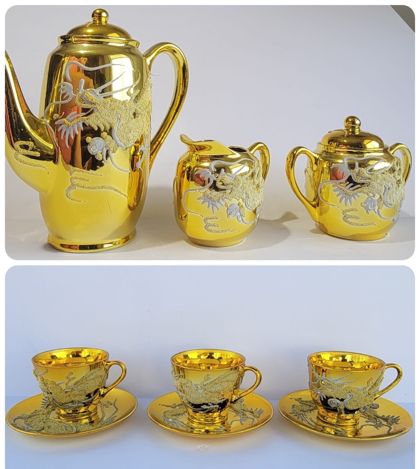 Vintage Jps Gold Moriage Dragonware 9-Ps Tea Set - Pot, Creamer, Sugar Bowl 