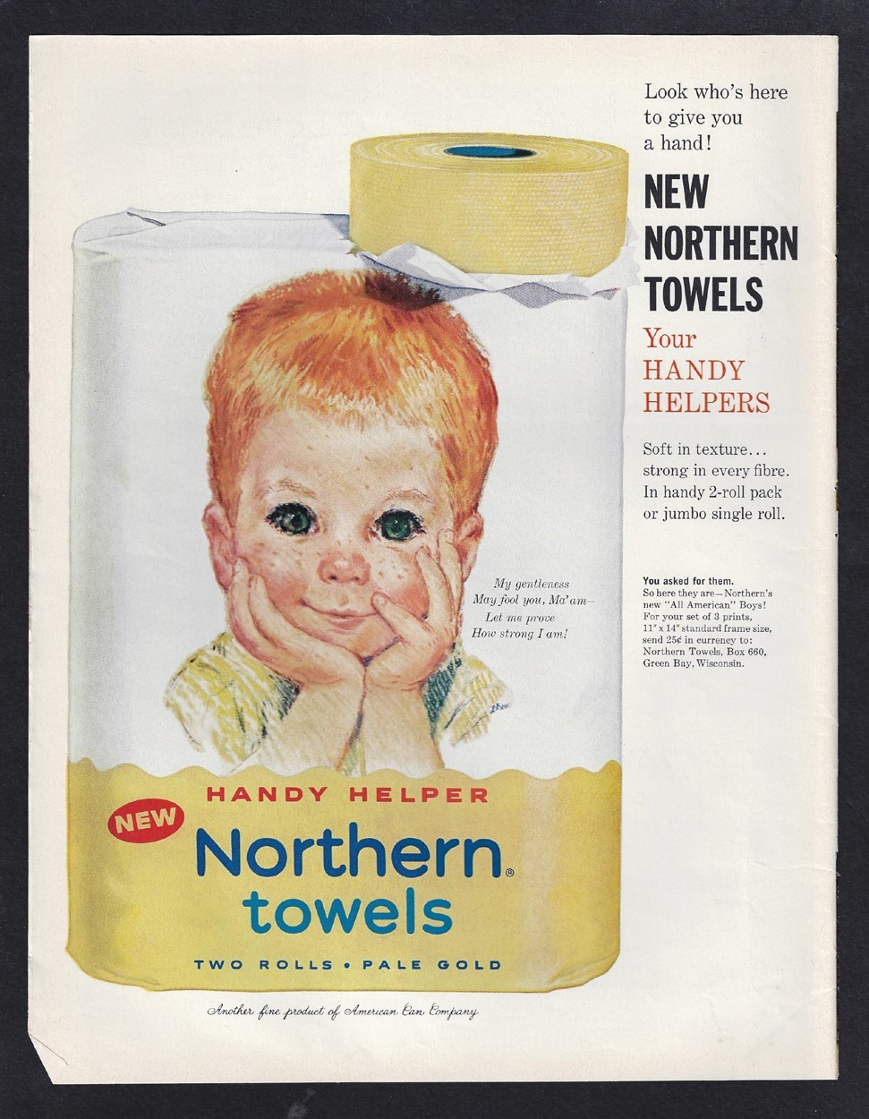 1960 NORTHERN Pale Gold Paper Towels Ad - All American Boys Art by Frances Hook