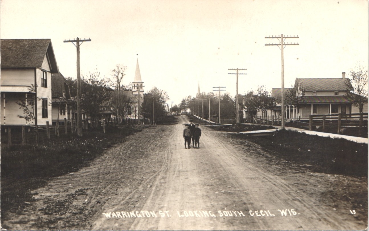 WARRINGTON STREET cecil wi real photo postcard rppc wisconsin dirt road kids