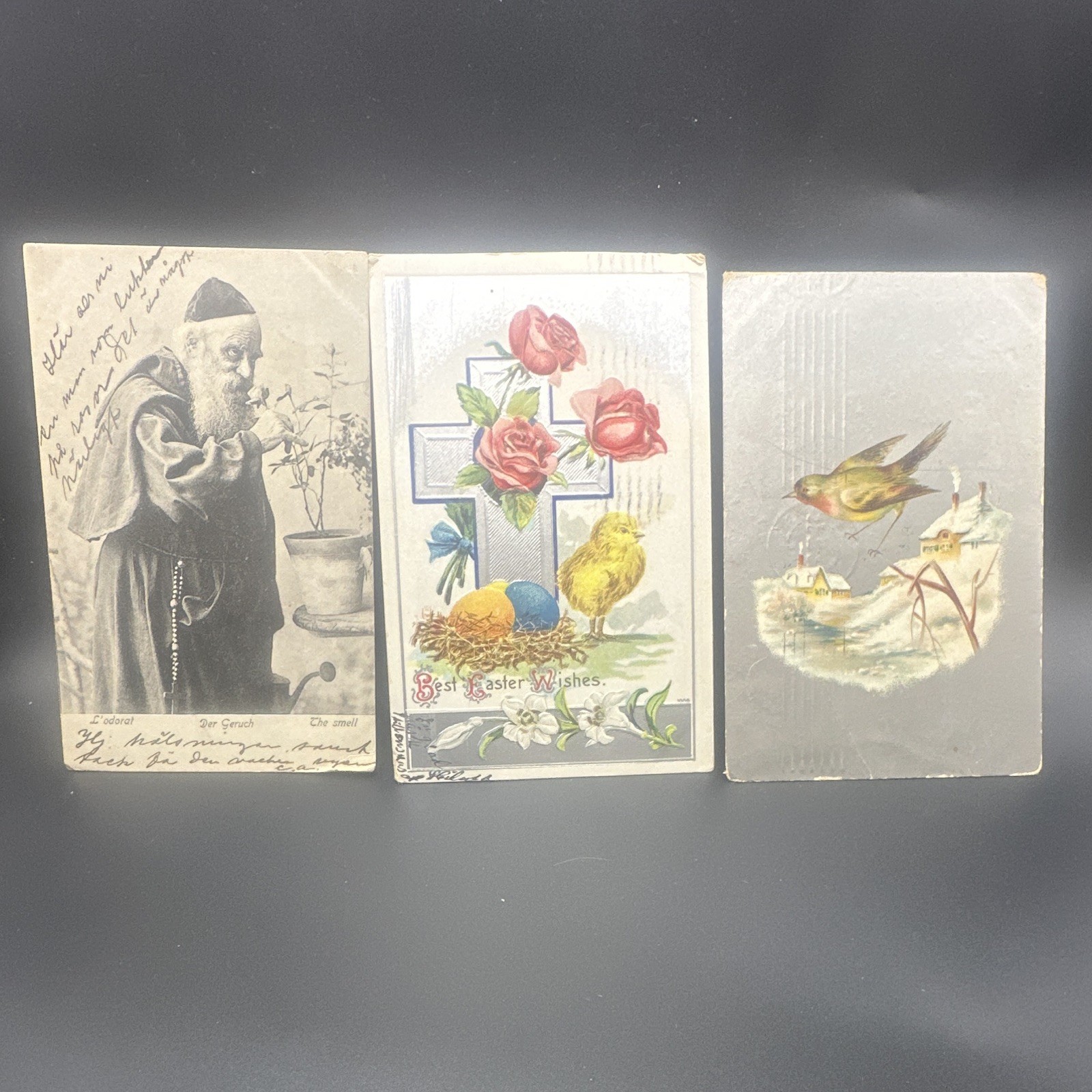 Lot of 3 Vintage Antique Postcards 1907 Easter Cross Monk Bird Swedish Mail
