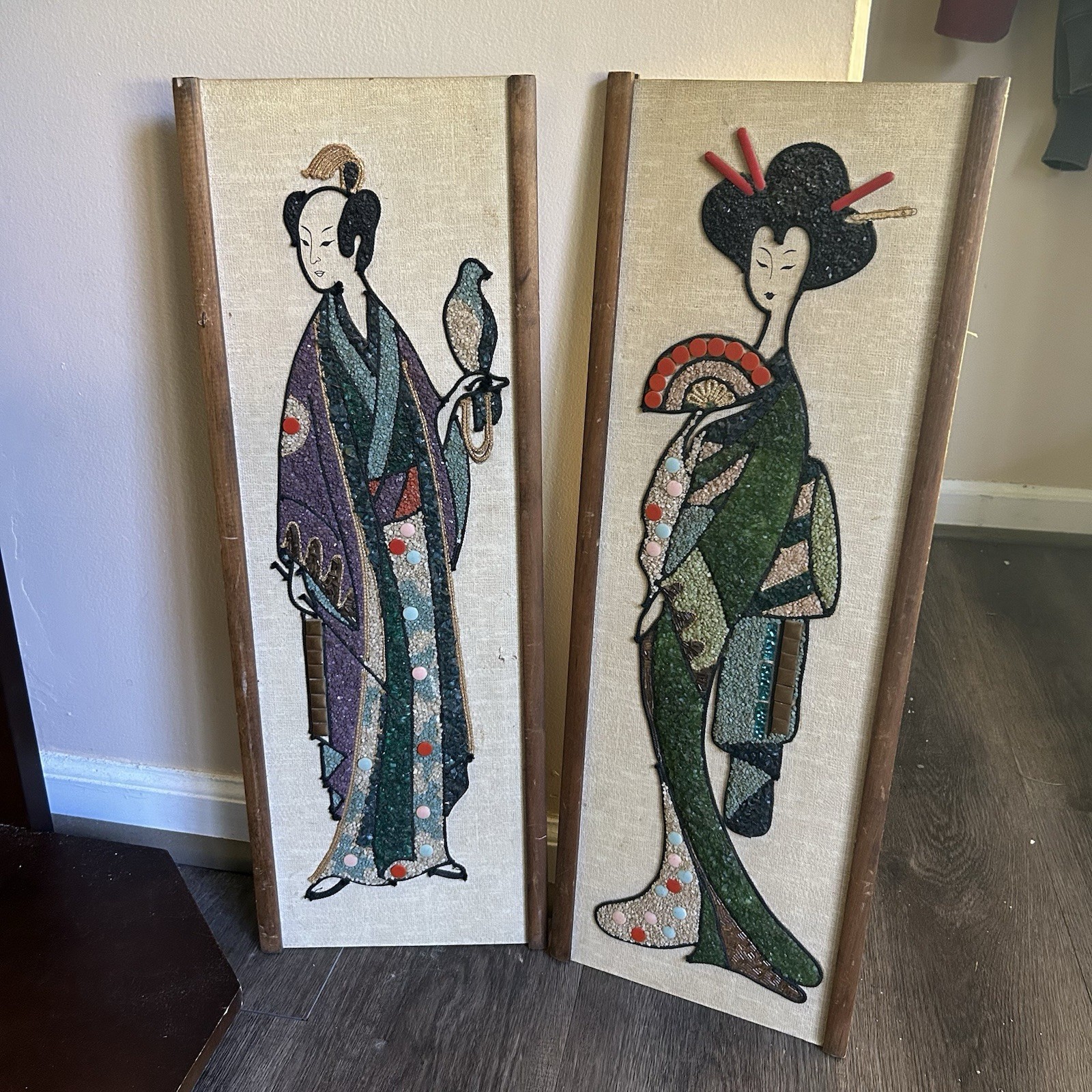 VTG 1960s MCM Retro Gravel Pebble Art Wall Hanging Japanese Couple - Flawed VTG 1960s MCM Retro Gravel Pebble Art Wall Hanging Japanese Couple - Flawed