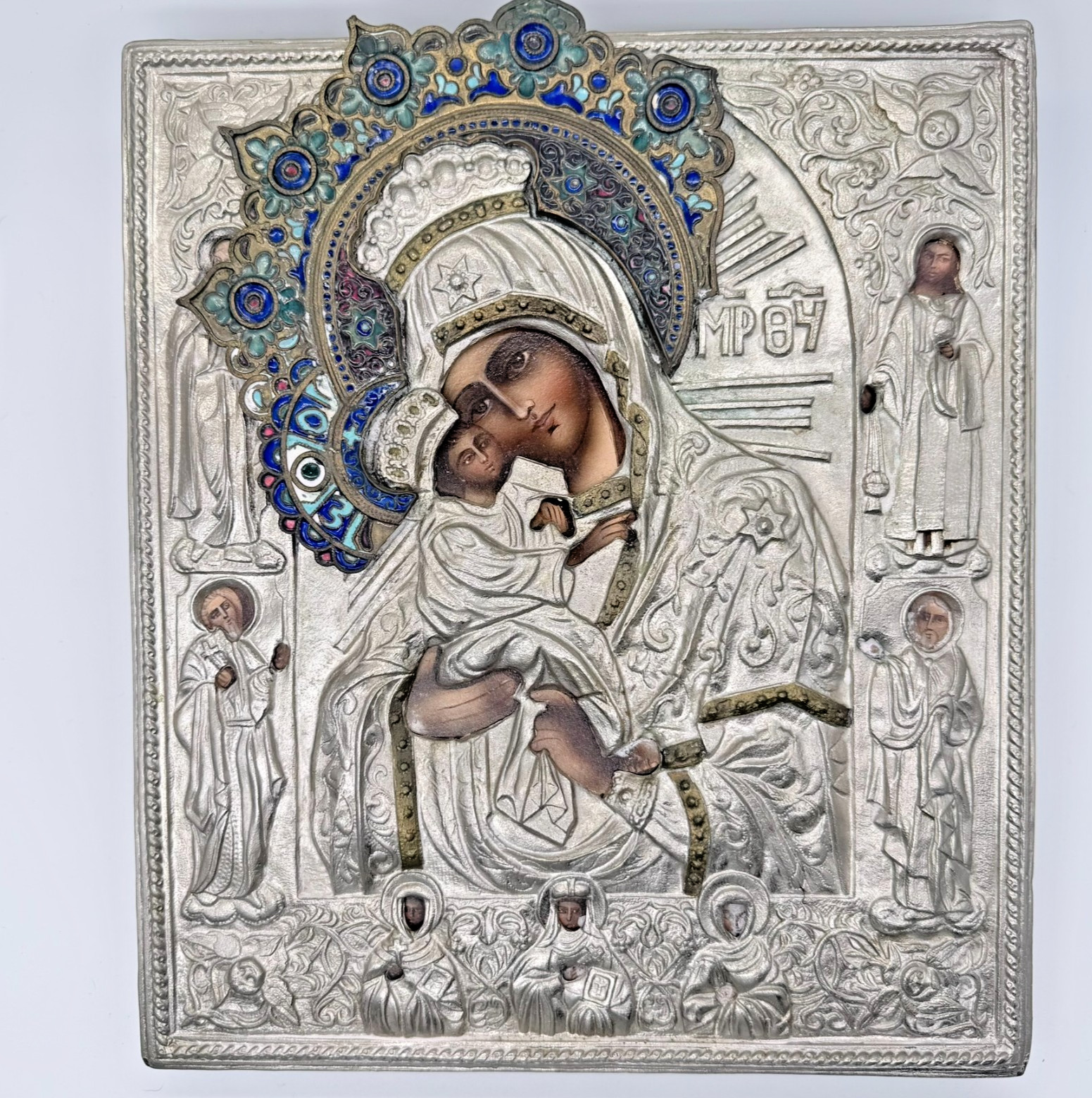 Vintage Russian Orthodox Icon Virgin Mary & Child Silver Plated Enamel 11 Inch