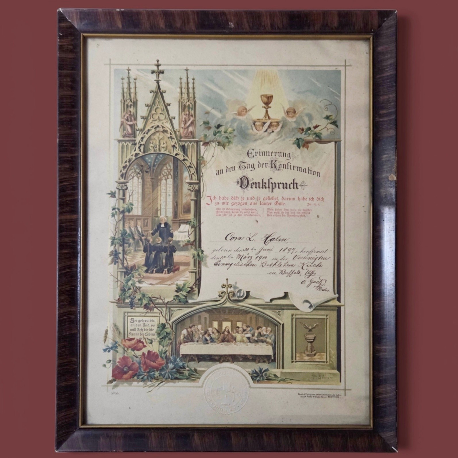 Antique German Confirmation Certificate 1910 Buffalo NY Framed Religious Art