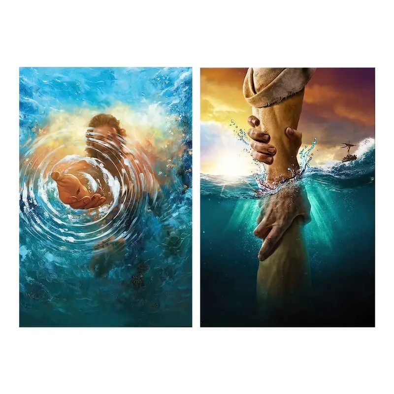 2 Pcs Jesus Wall Art the Hand of God Jesus Reaching into Water Unframed 16x24