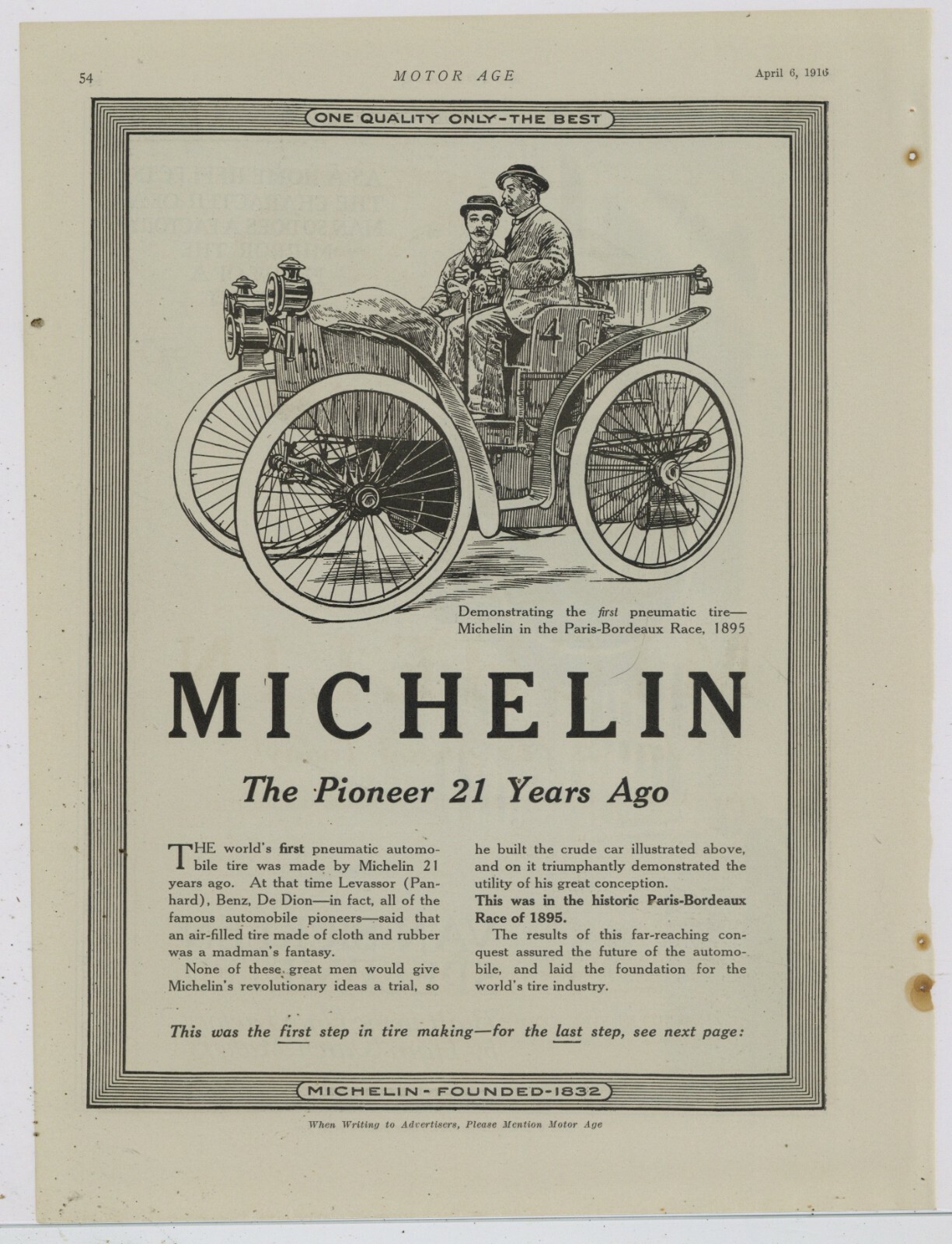 1916 Michelin Tires Ad: First Pneumatic Tire - 1895 Paris to Bordeaux Race Pic 1916 Michelin Tires Ad: First Pneumatic Tire - 1895 Paris to Bordeaux Race Pic