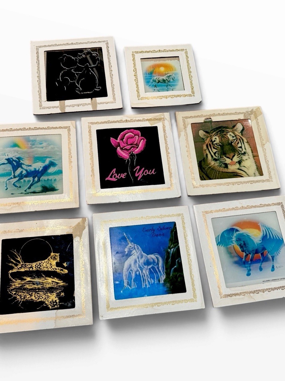 Set of Eight, Vintage 1970s/1980s Carnival Game Prize, Mirror / Glass Tile Art