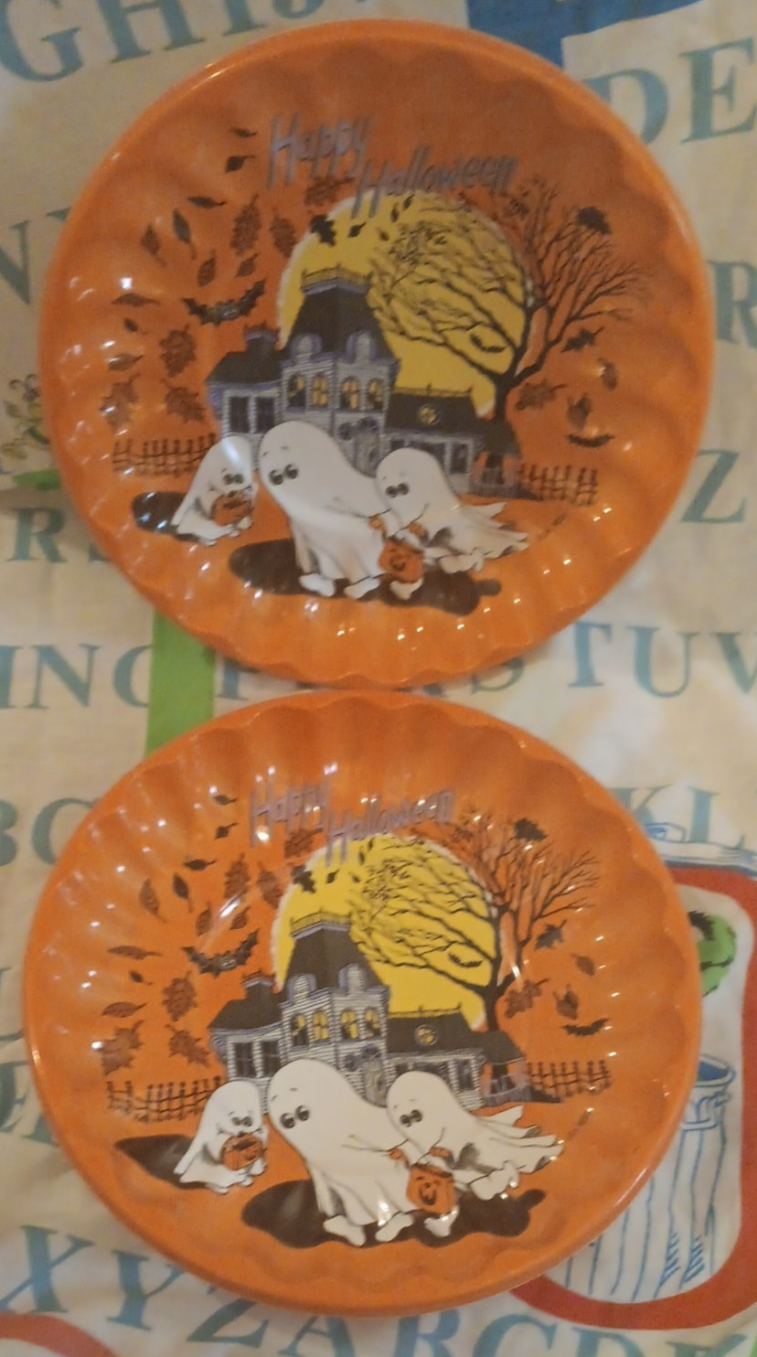 Halloween C.A. REED VINTAGE PLASTIC CANDY TRAY BOWL 90s LOT OF 2 Ghosts orange