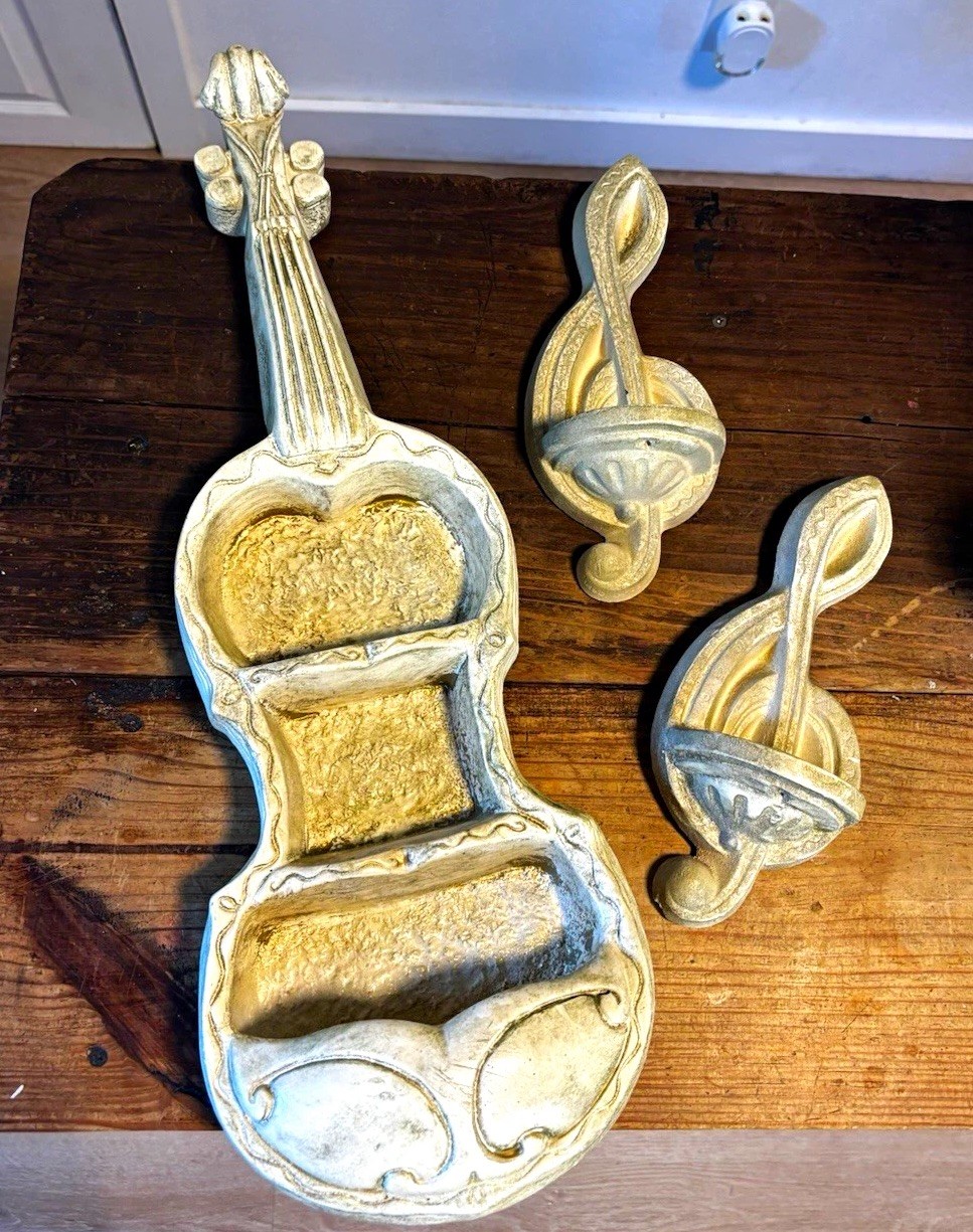 Vintage Mid-Century Modern Chalkware Violin Wall Shelf w/ 2 Treble Clef sconces