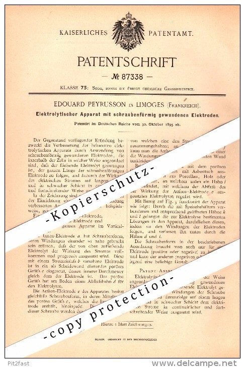 Original patent - Edouard Peyrusson à Limoges, 1895, appareil électrolytique Original patent - Edouard Peyrusson à Limoges, 1895, appareil électrolytique