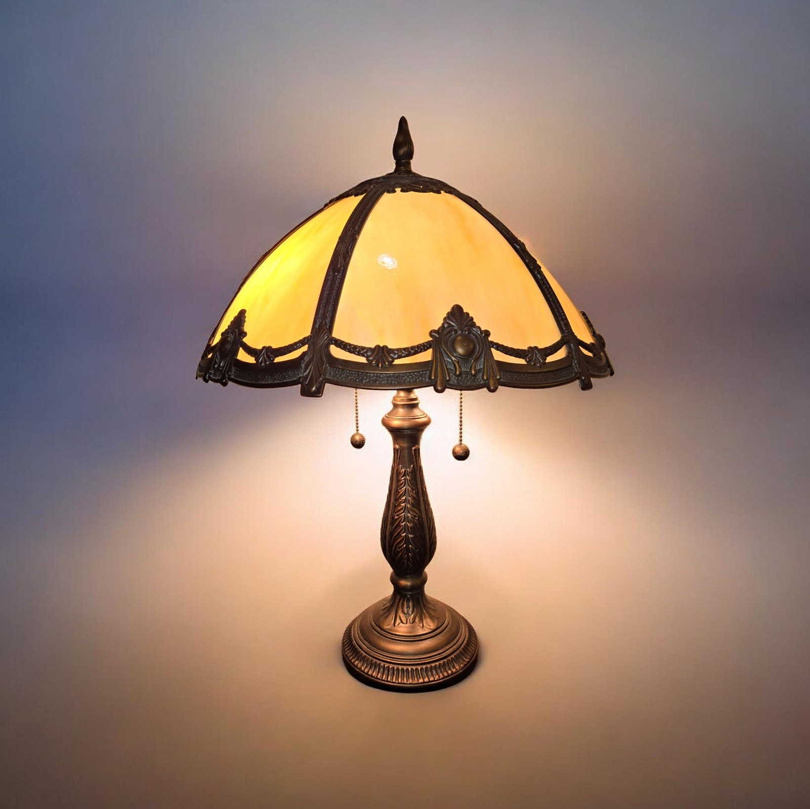 Vtge Dale Tiffany Slag Glass Brass 6 Panel Dual Bulbs/Cords Table Lamp Stunning Vtge Dale Tiffany Slag Glass Brass 6 Panel Dual Bulbs/Cords Table Lamp Stunning