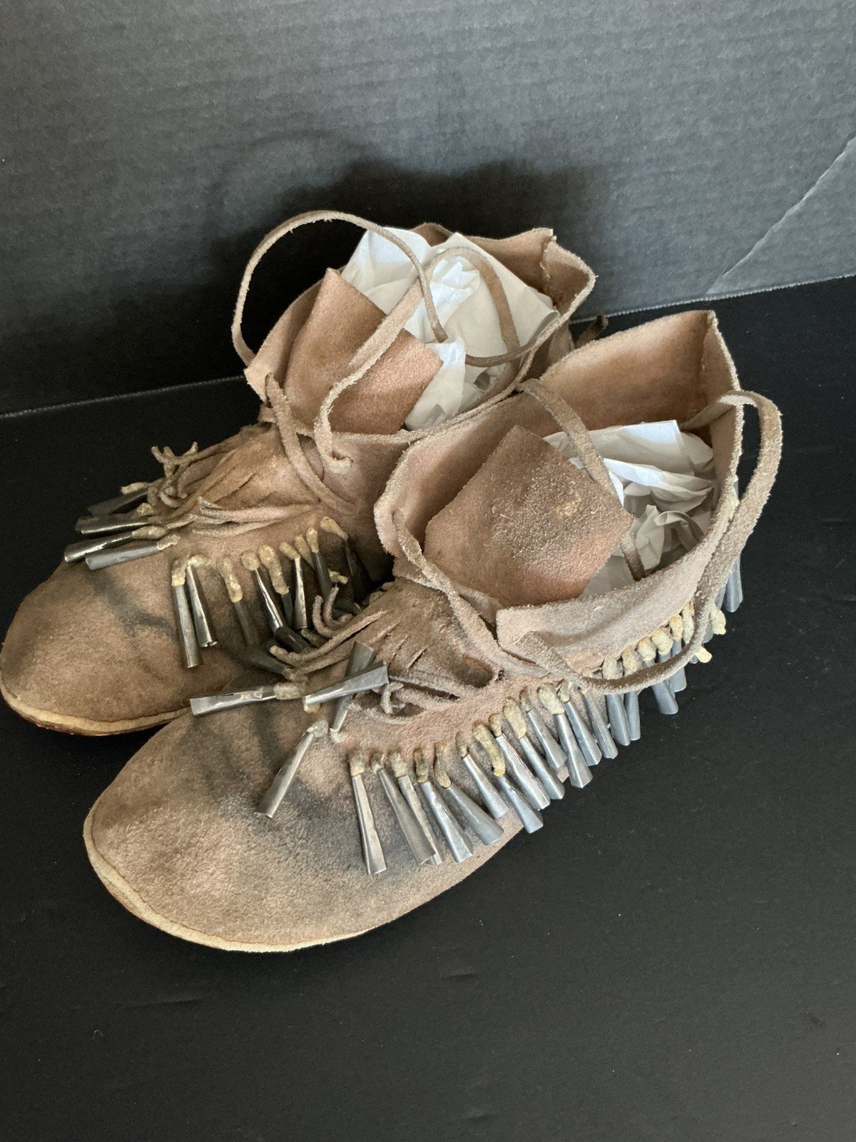 Deerskin Native American fringe Moccasins Metal Cone Vintage Kiowa Comanche Deerskin Native American fringe Moccasins Metal Cone Vintage Kiowa Comanche