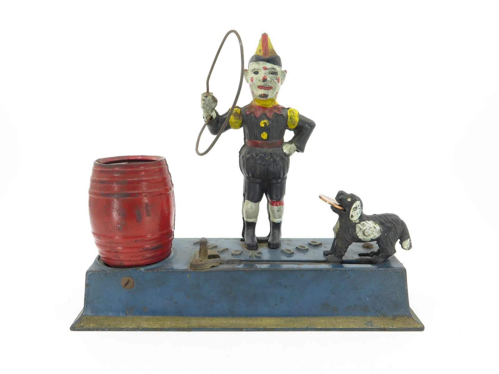 1910s Cast Iron Mechanical Bank TRICK DOG w/ CLOWN Solid Base By Hubley Mfg