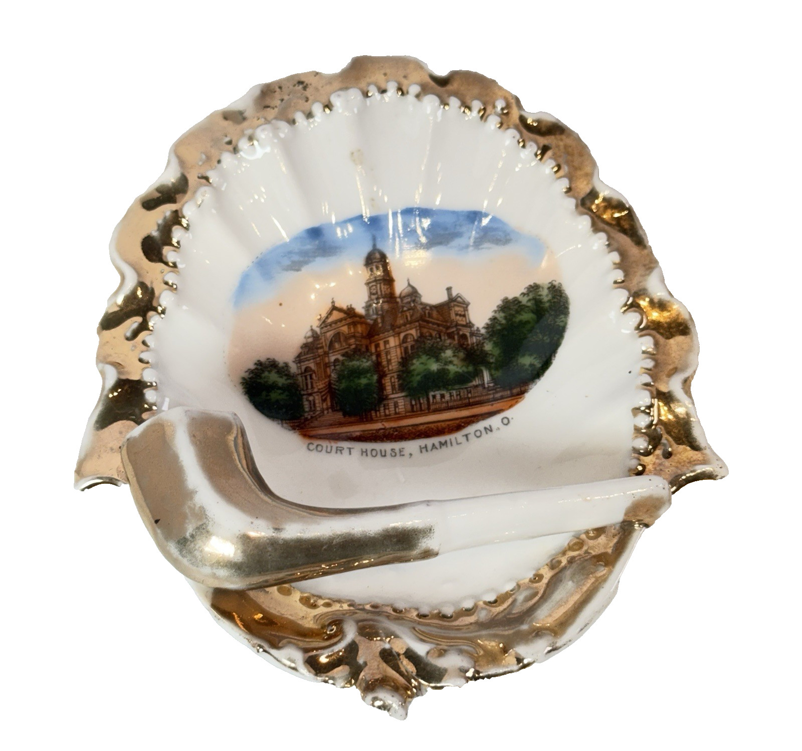 HAMILTON, OHIO OH - COURT HOUSE - 1900s Antique Souvenir China Pipe Ashtray HAMILTON, OHIO OH - COURT HOUSE - 1900s Antique Souvenir China Pipe Ashtray