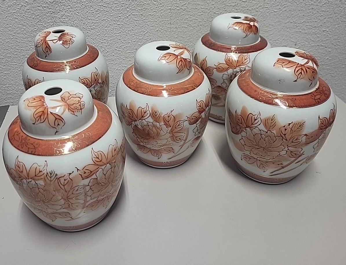Vtg Edsin Porcelain Ginger Jar Decor 5 Lot Orange White Mcm Japan Set Vtg Edsin Porcelain Ginger Jar Decor 5 Lot Orange White Mcm Japan Set