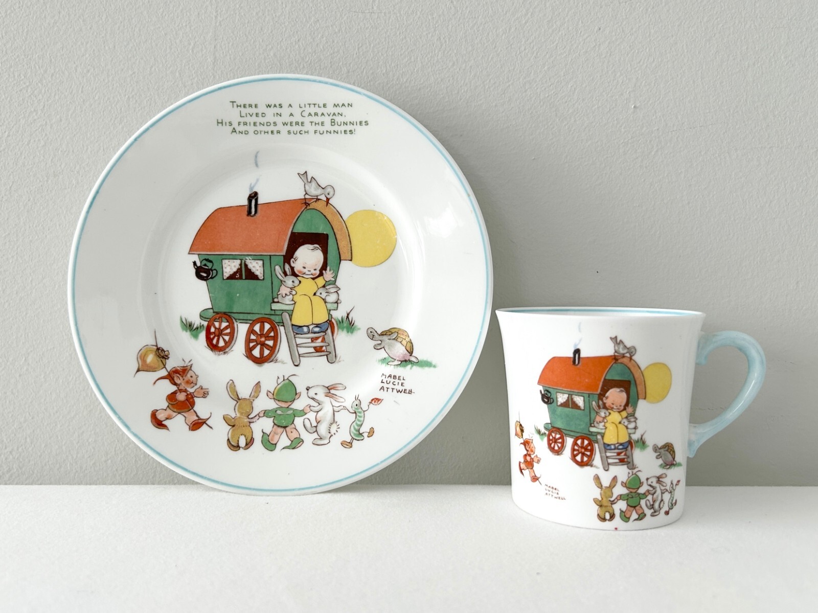 Vintage SHELLEY Mabel Lucie Attwell Plate & Cup Set Little Man Caravan England