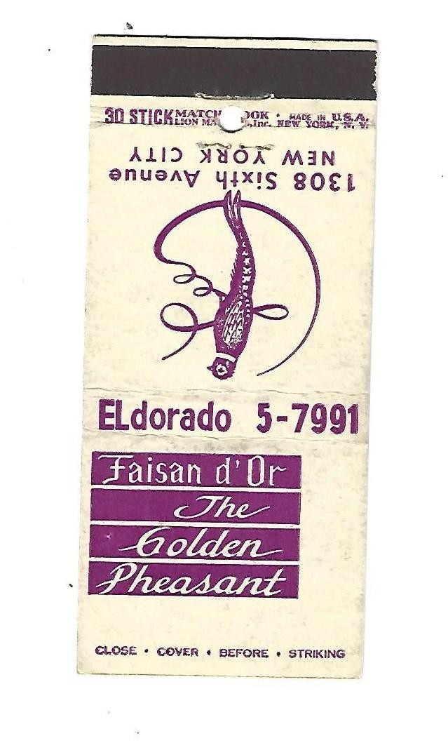 The Golden Pheasant Restaurant- New York City  Matchcover Faisan d\'Or