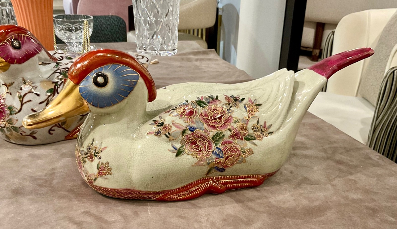 Large Chinese Porcelain Mandarin Duck Crackle Glaze Hand Painted Peonies Gold