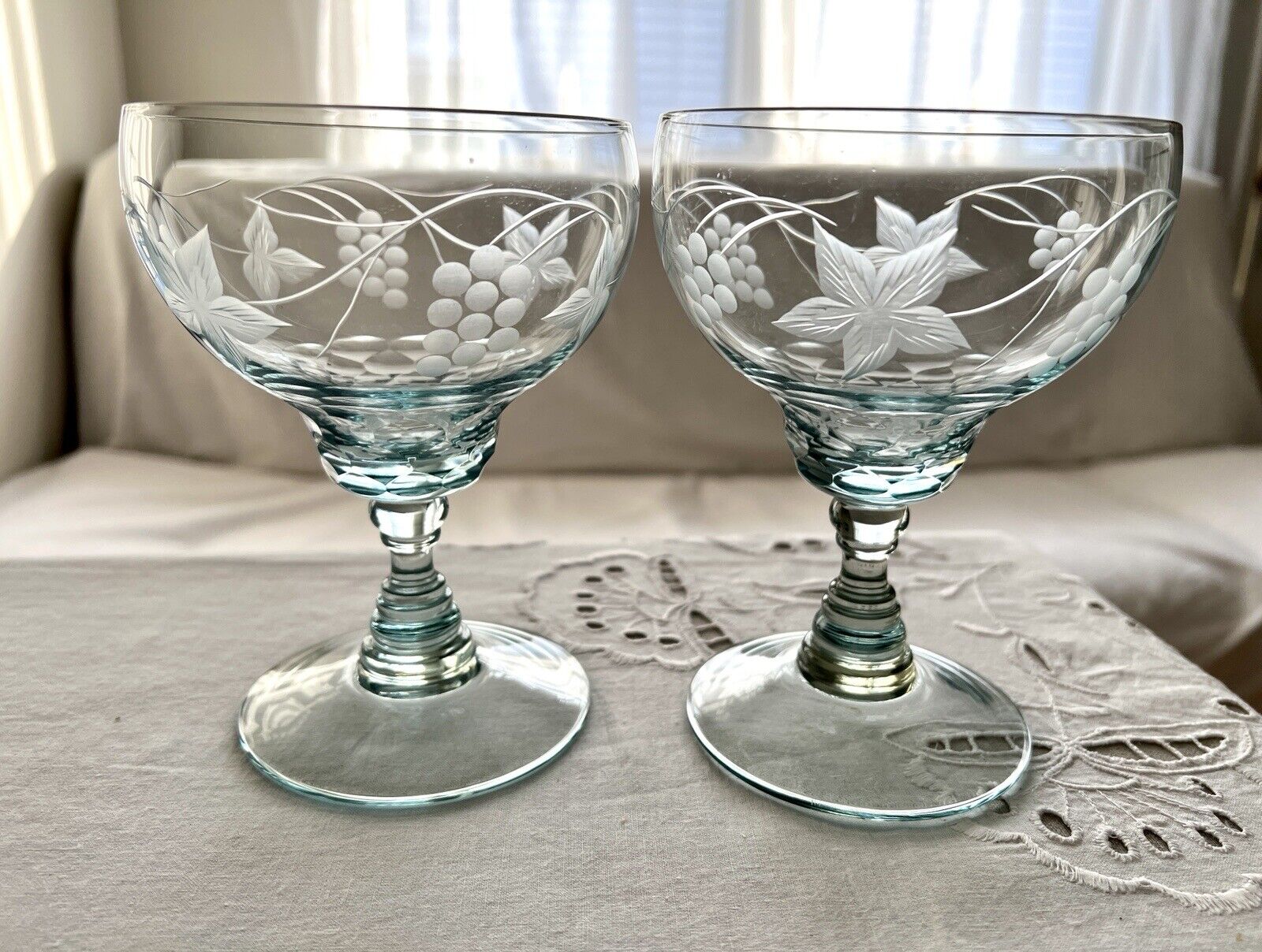 2 Light Aqua-Blue Waterford Crystal Great Room, Jasmine Pearl Pattern Glasses
