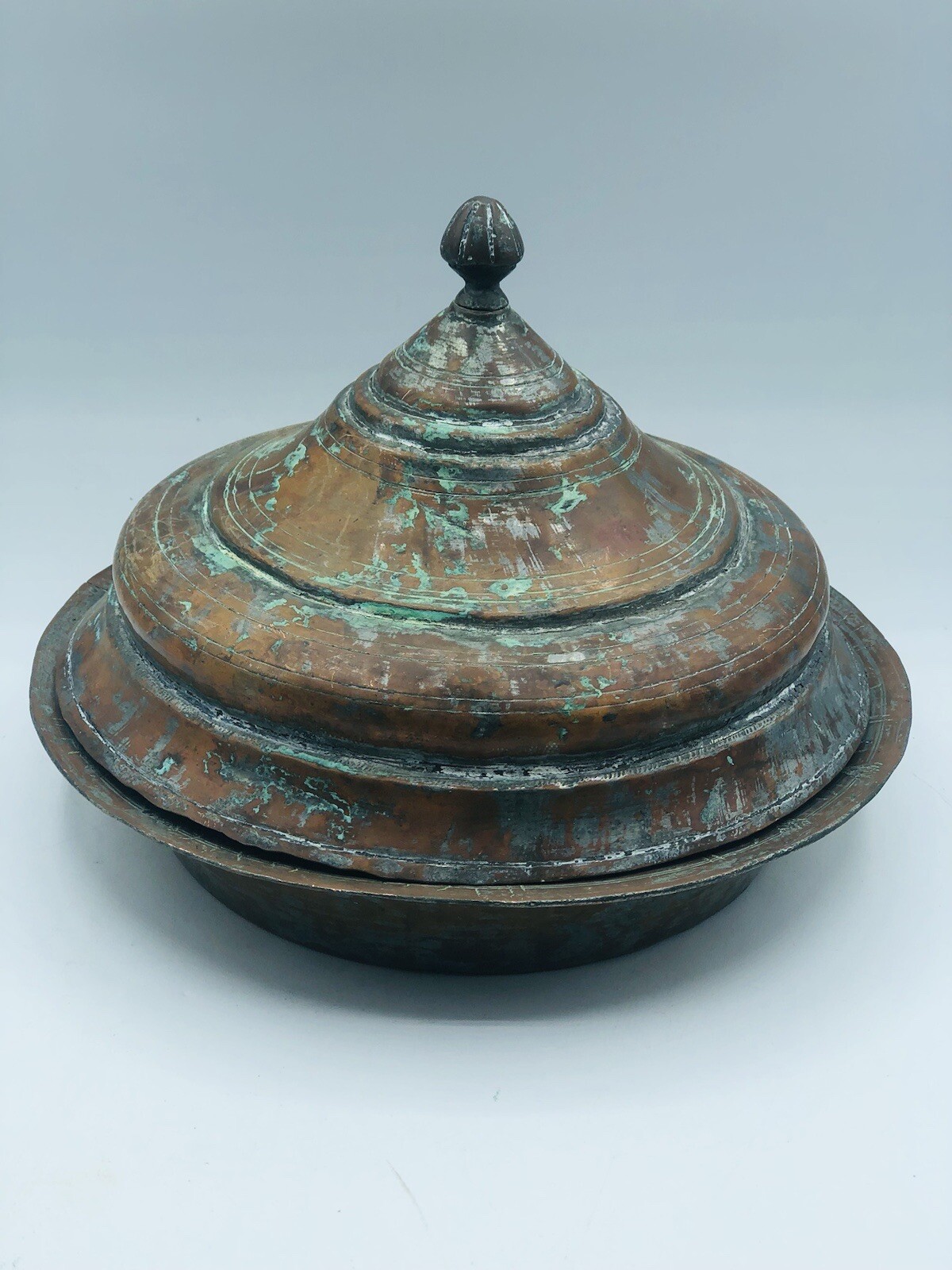 Antique Handmade  Covered Bowl Copper And  Tin Gorgeous Patina OLD