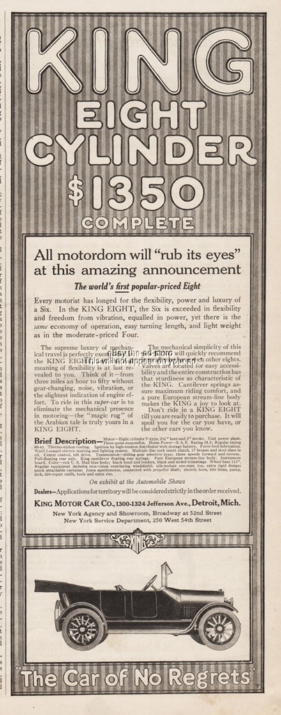 1915 King Motor Car Co Detroit MI Eight Cylinder $1350 Antique Open Auto Ad