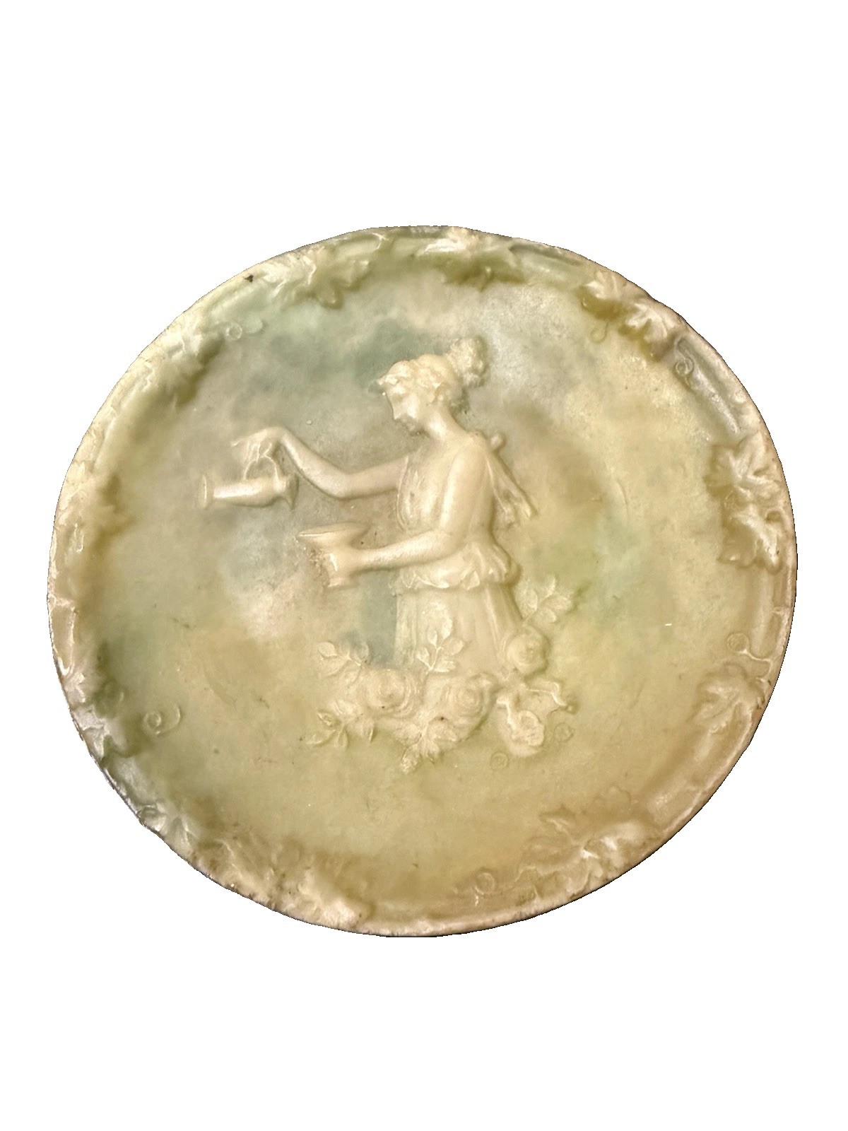 Vintage Incolay Stone Trinket Dish Woman Watering Flowers Cameo USA 4.5”