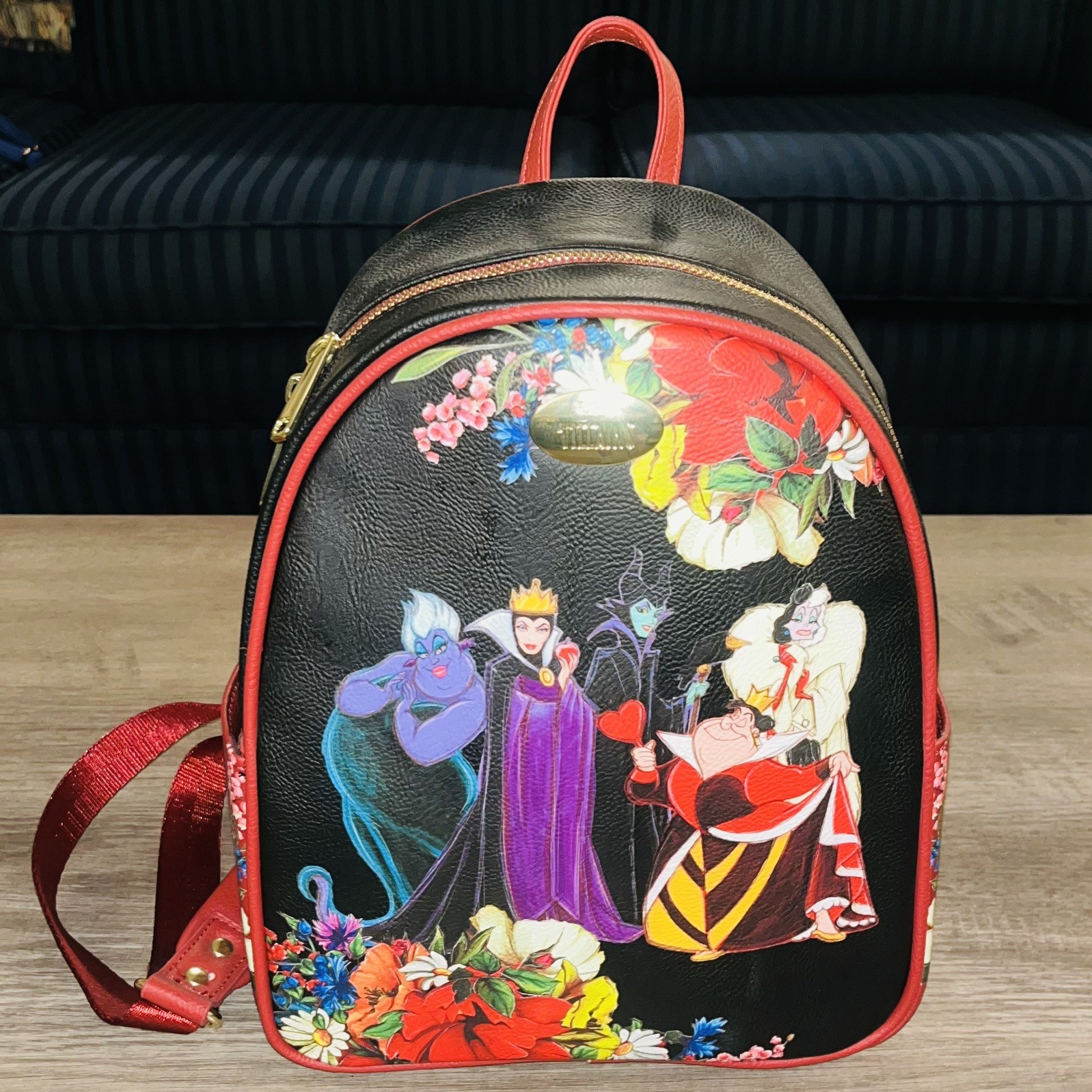 Loungefly Disney Disney Villains Floral Mini Backpack Black Red Loungefly Disney Disney Villains Floral Mini Backpack Black Red