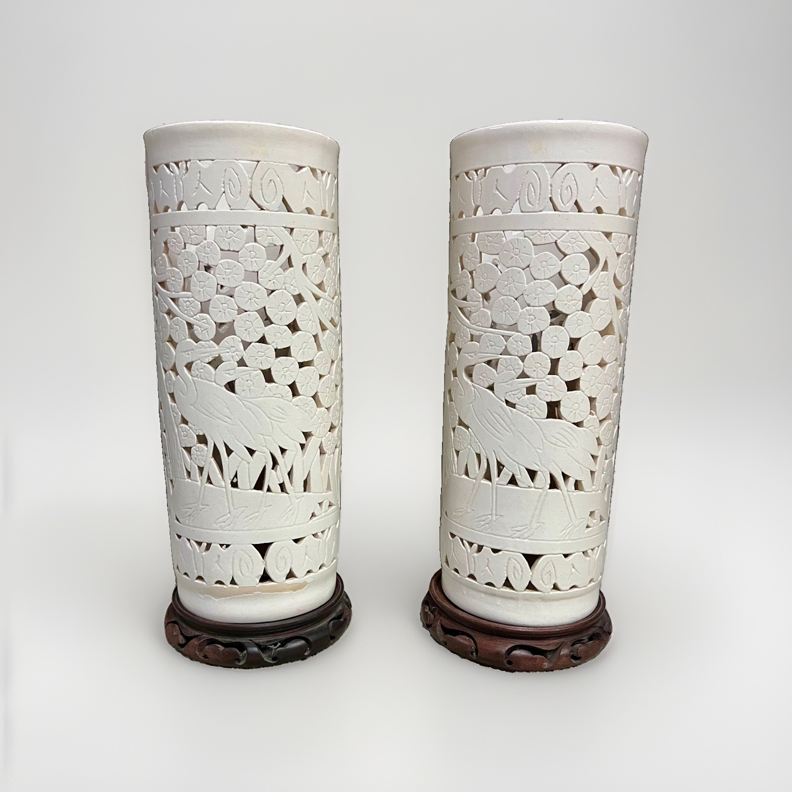 2 Vintage Blanc De Chine Chinese Reticulated Porcelain vases w/wood stands 2 Vintage Blanc De Chine Chinese Reticulated Porcelain vases w/wood stands