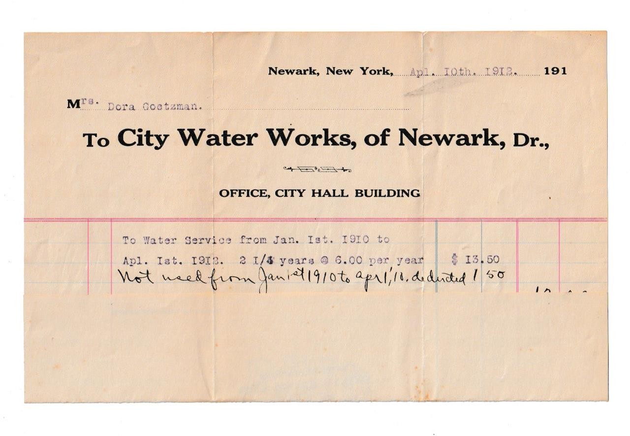 1913 Billhead,,  City Waterworks of Newark ,  Newark, NY