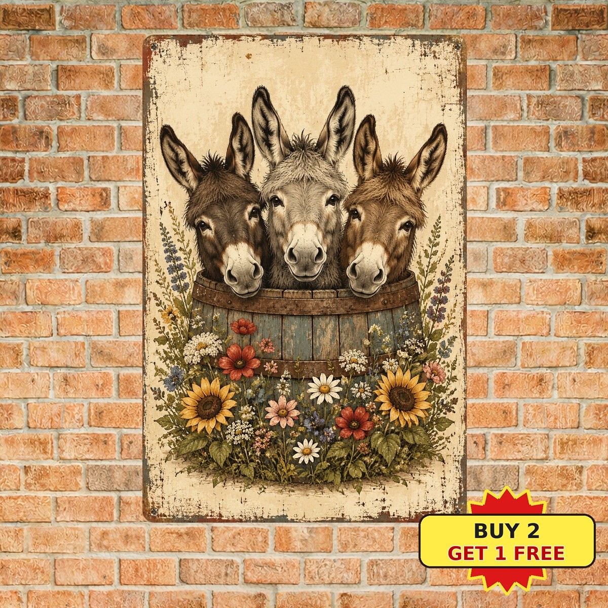 Donkey Trio Sitting on Barrel Funny Farmhouse Barnyard Art Metal Tin Sign 8x12