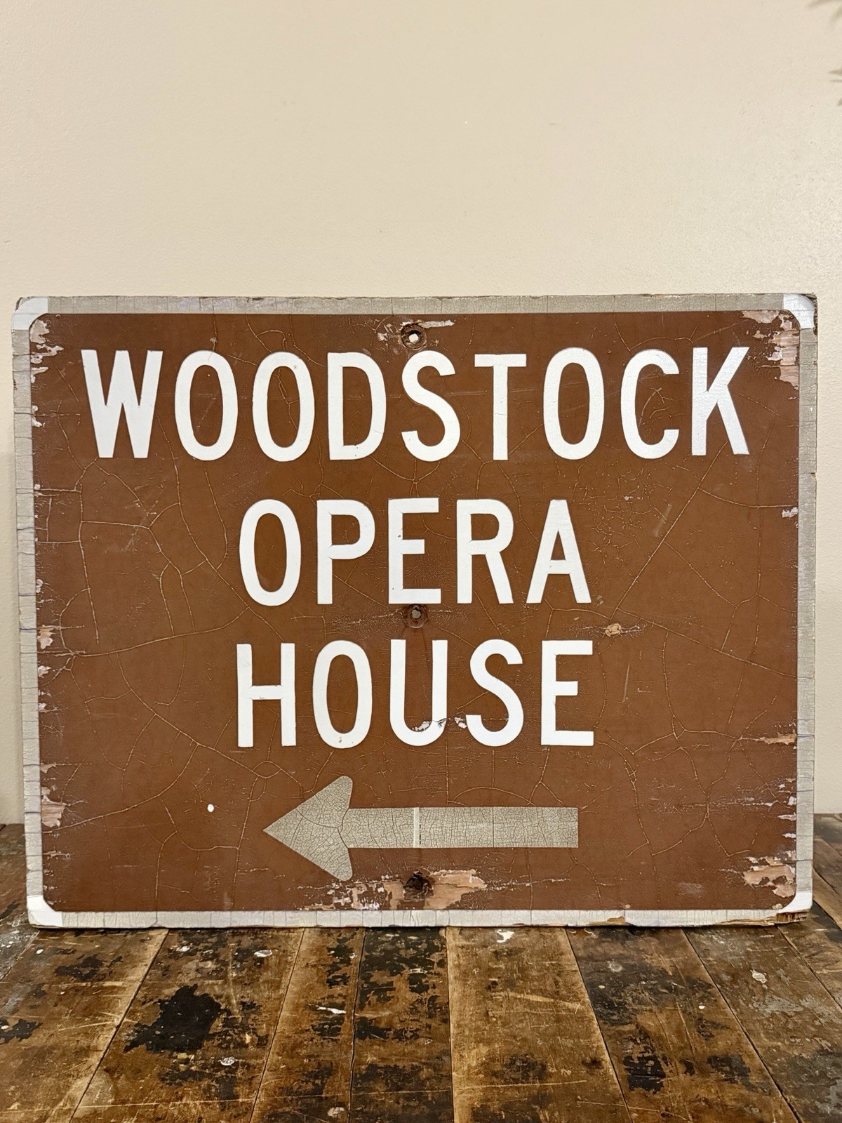 Vintage Woodstock Illinois Opera House Dirctional Arrow Retired Wood Road Sign