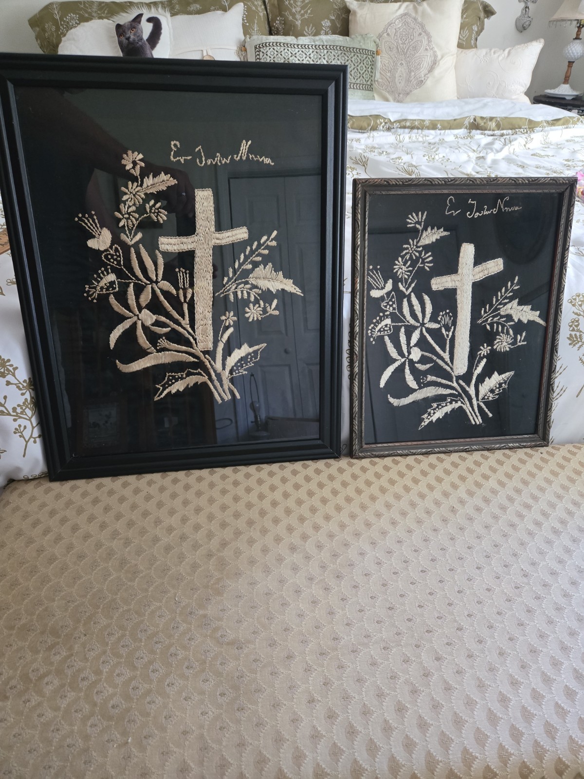 Antique Pair Of Hand Embroidered Religious Mourning / Memorial Cross Samplers Antique Pair Of Hand Embroidered Religious Mourning / Memorial Cross Samplers
