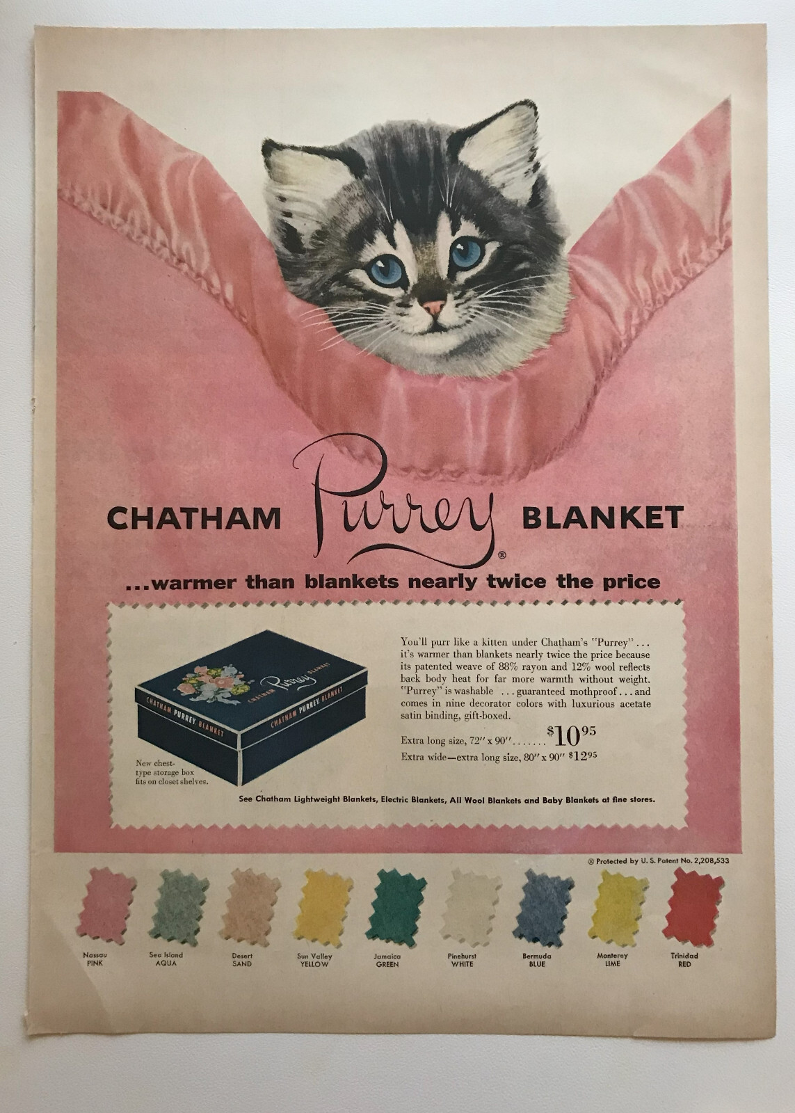 1953 Chatham Purrey Blanket Rayon Wool Vintage Print Ad