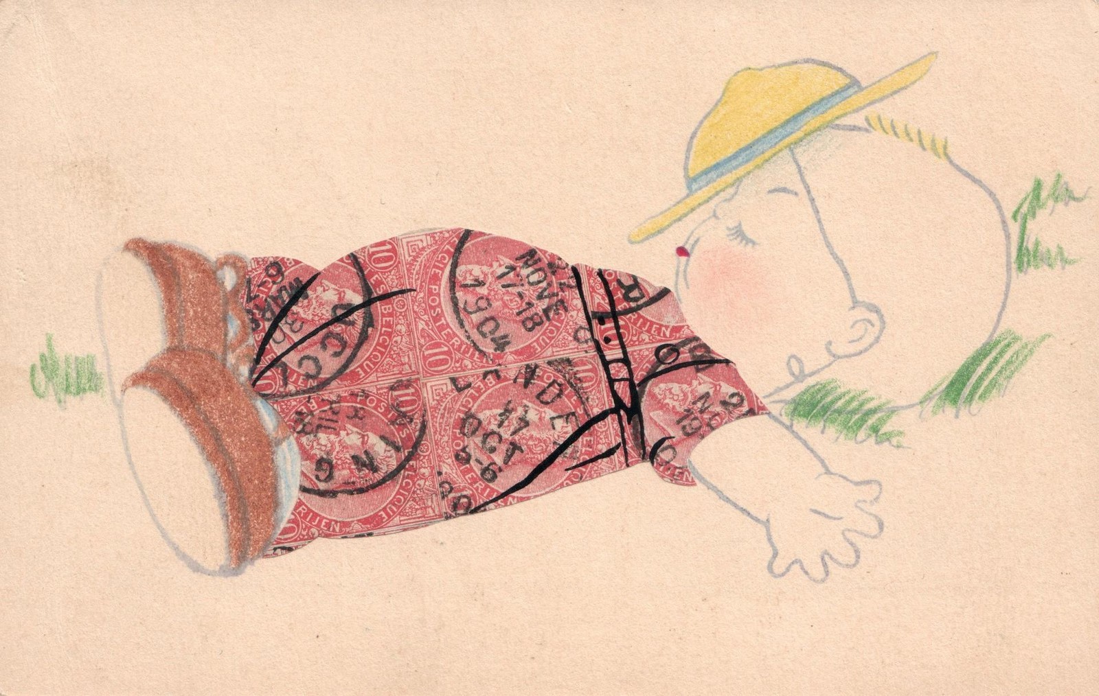 Antique Kewpie Belgium Stamp Collage Postcard Baby Boy Hat Atelier Artistique