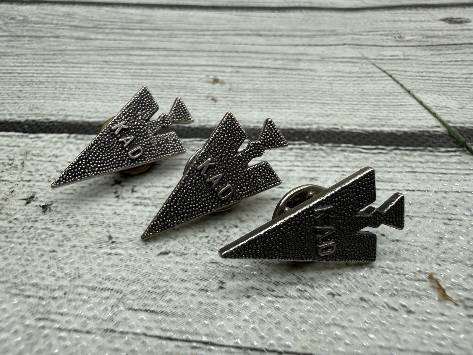 3 VINTAGE KAD K.A.D ARROW SHAPED PIN BADGE - K.A.D LAPEL PIN - 3 PINS