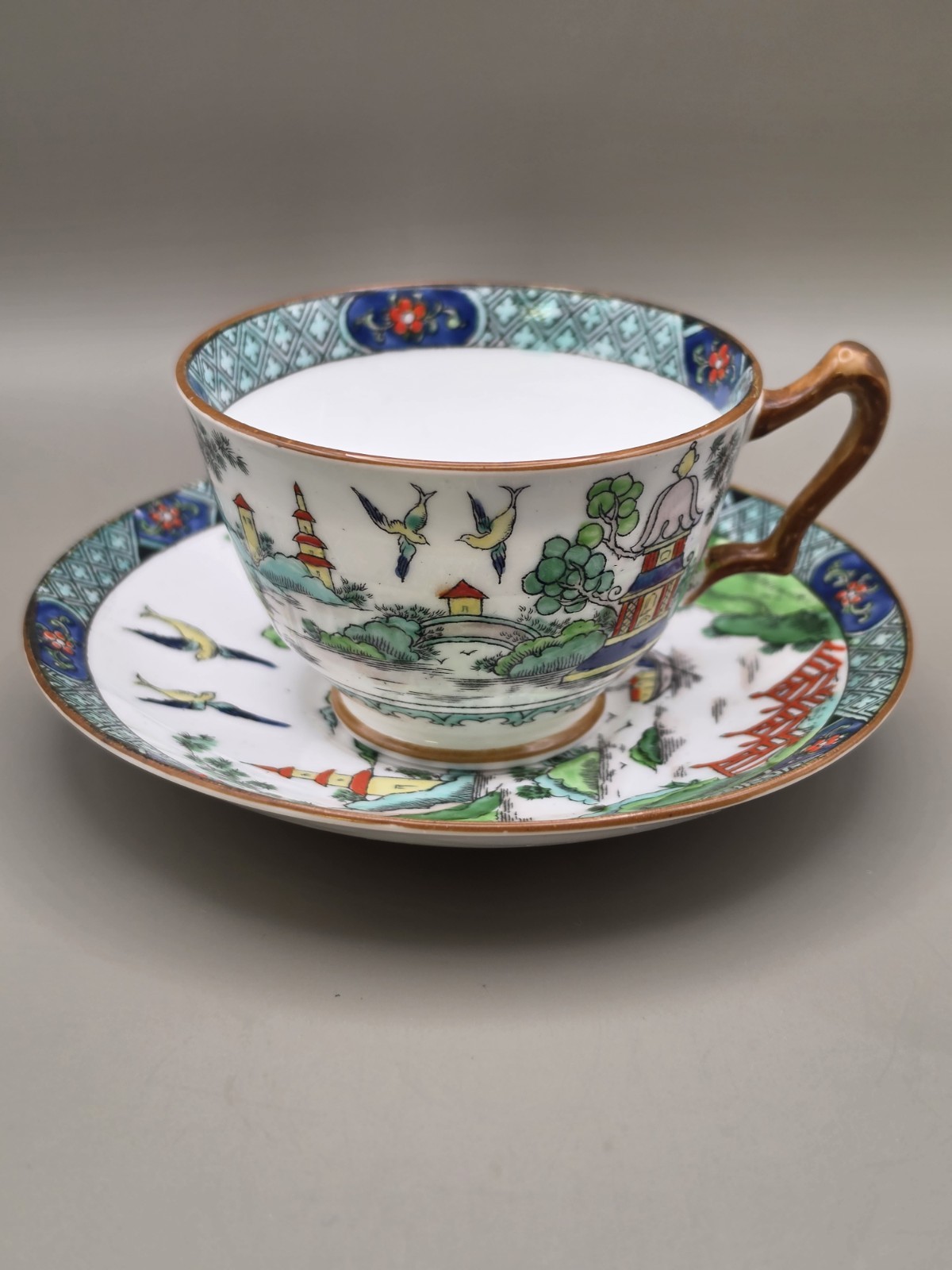 Vintage Crown Staffordshire Tea Cup & Saucer Bone China England Pagoda Birds