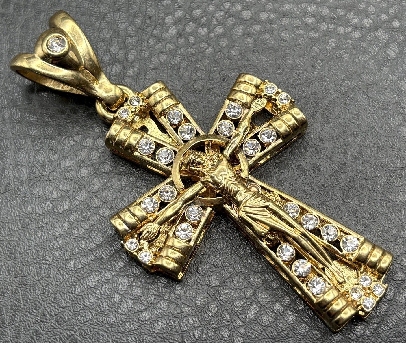 HUGE Gold Tone Crucifix Cross Pendant Jesus Clear Rhinestone Religious Jewelry