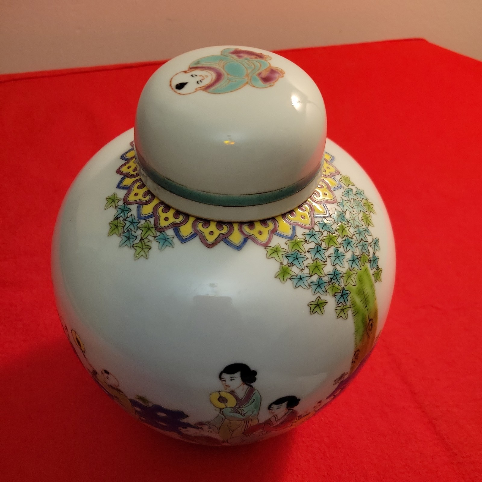 Vintage Chinese Famille Rose Ginger Jar Lid Boys at Play Children Qianlong Mark