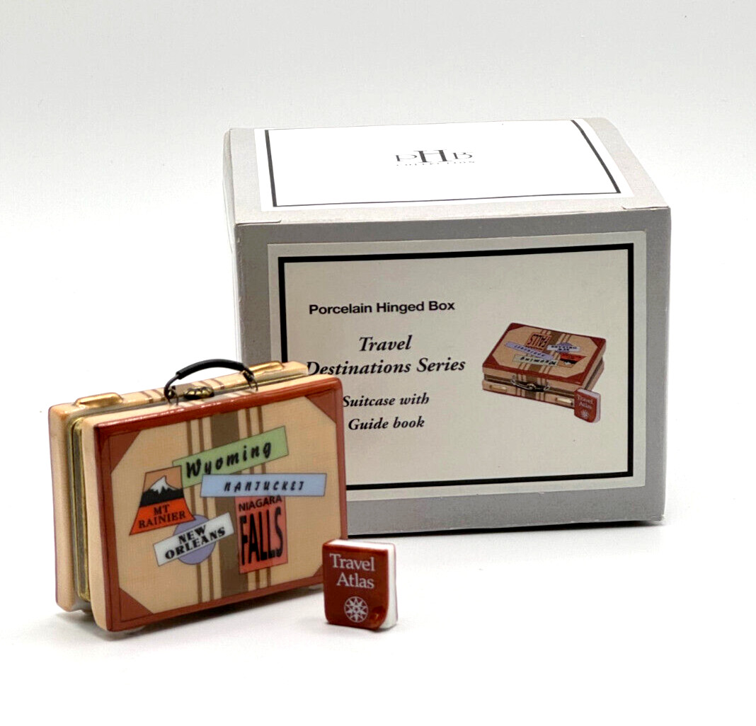 PHB Porcelain Hinged Box Suitcase With Guide Book Travel Atlas Trinket ~ New PHB Porcelain Hinged Box Suitcase With Guide Book Travel Atlas Trinket ~ New