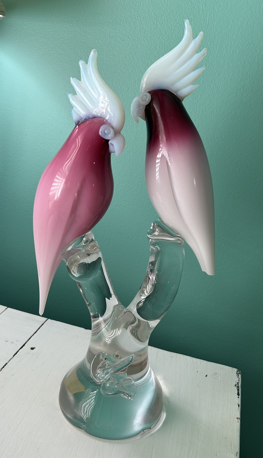RENATO ANATRA Signed Murano Art Glass Two Cockatoos Parrot Sculpture