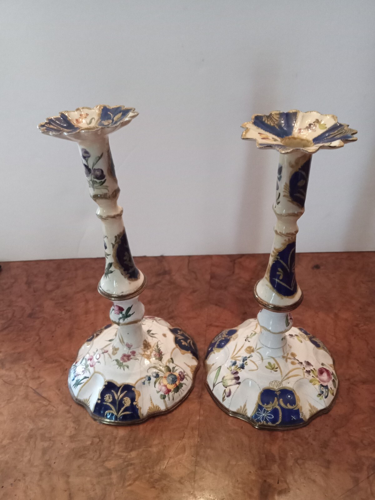 Pair  18th Century South Staffordshire Bilston Enamel Candlesticks