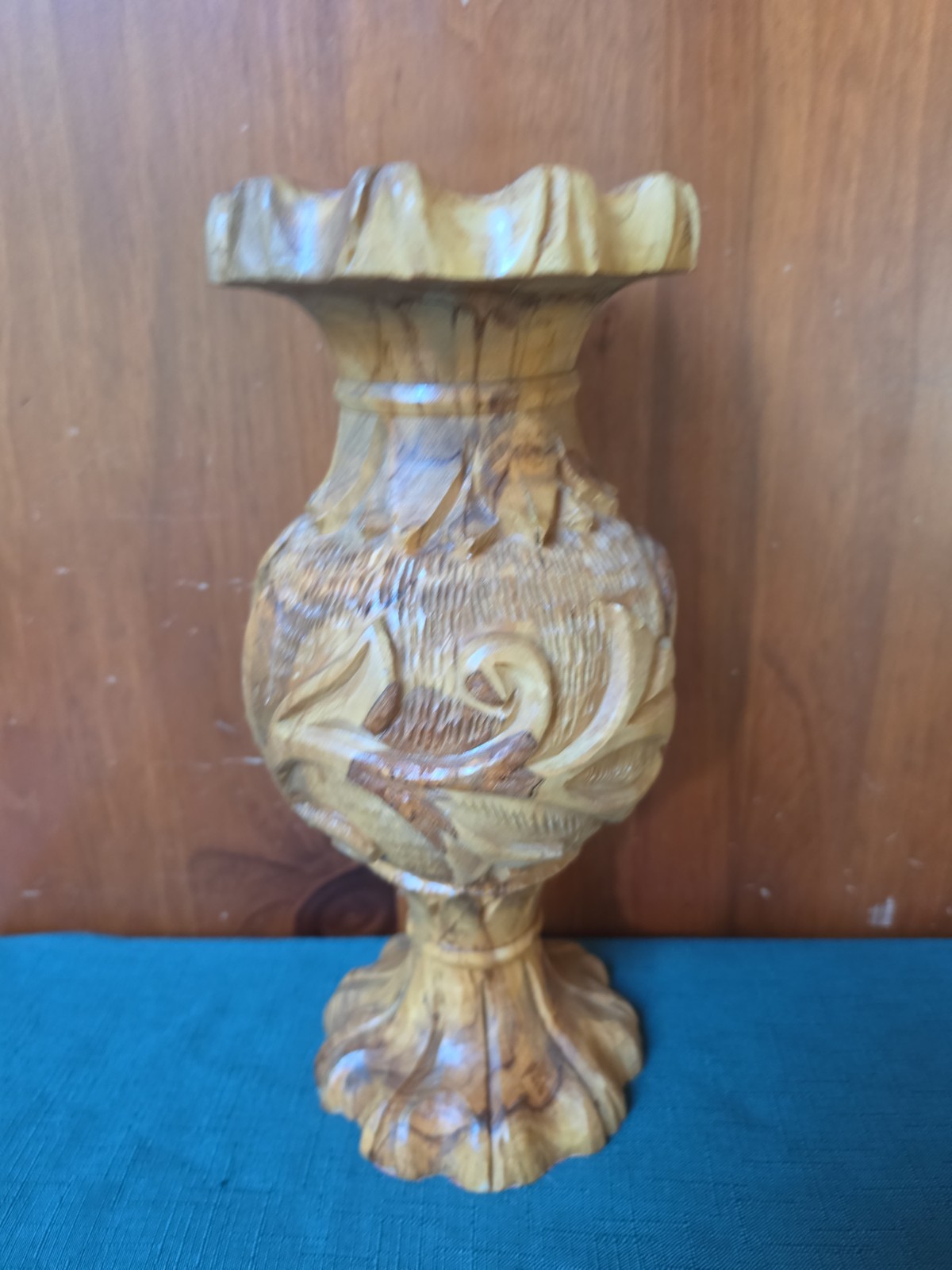 Vtg Olive Wood Hand Carved Vase Urn Holy Land Intricate Tree Branch 11.75\