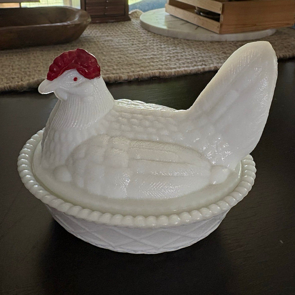 Vintage Westmoreland White Milk Glass Hen on Nest- Fluoresces green