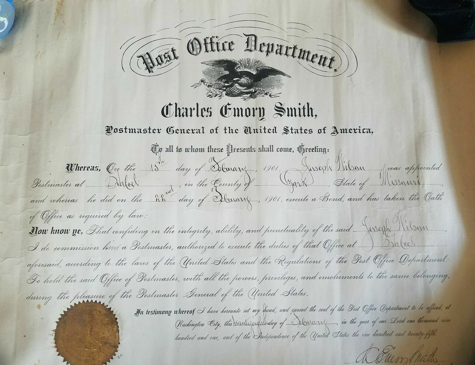 US Missouri Postmaster Appointment General Signed Document Charles E. Smith 1901