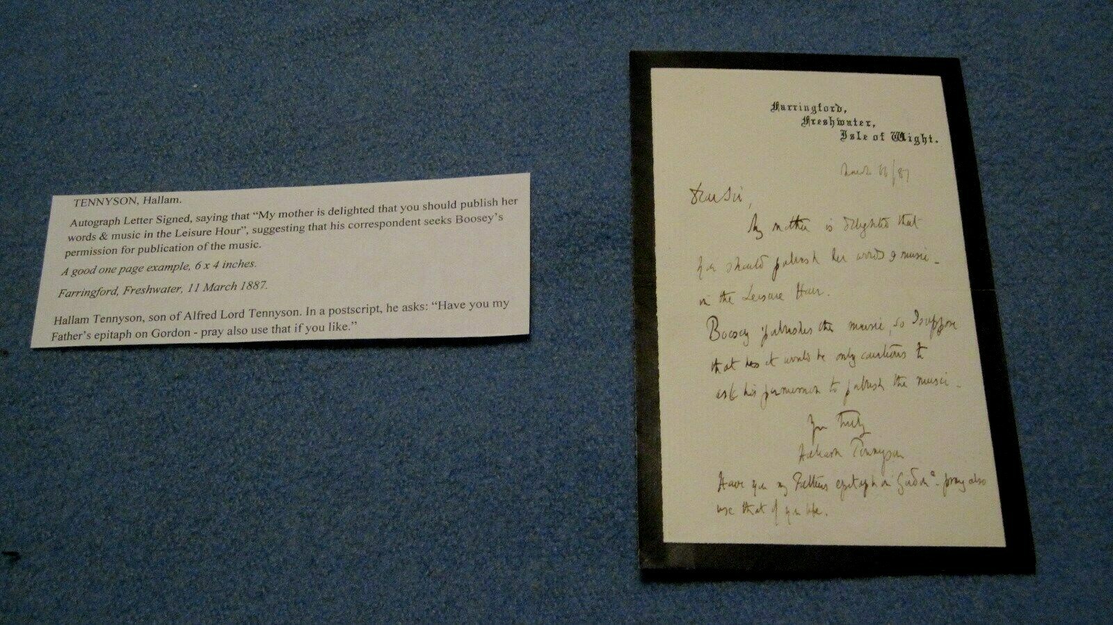 Tennyson son signed letter by Hallam Tennyson 1887 Freshwater letterhead Tennyson son signed letter by Hallam Tennyson 1887 Freshwater letterhead
